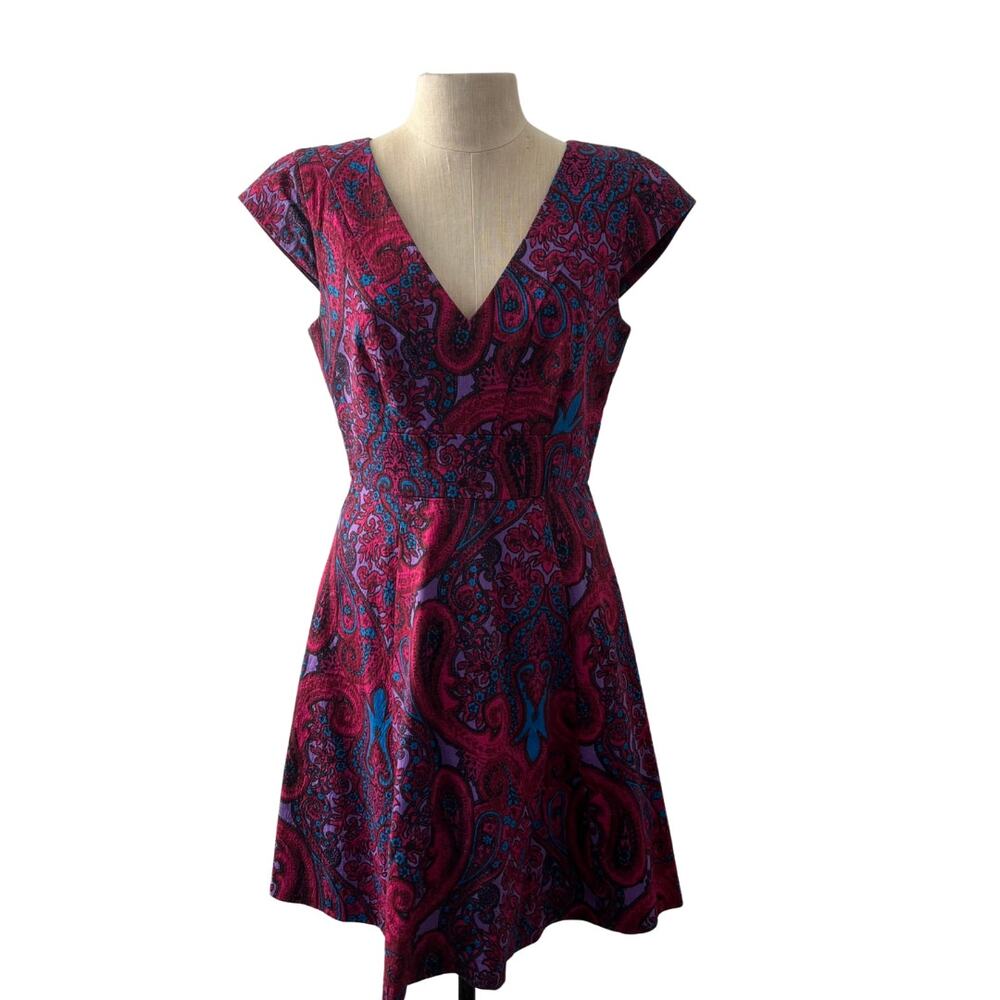 Tracy Reese Wynona Purple Paisley Fit Flare Dress Size 2 Pockets Cotton